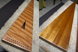 The same psaltery after only one coat of shellac has been applied - the wood comes alive!