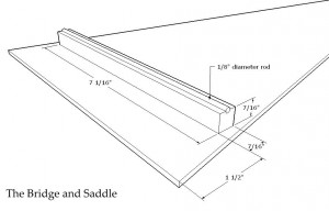 The bridge is a simple piece of wood, topped with a rod (saddle) to protect it from the strings