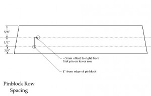 Two rows of tuning pins are laid out on the pinblock, with 1/2" between rows