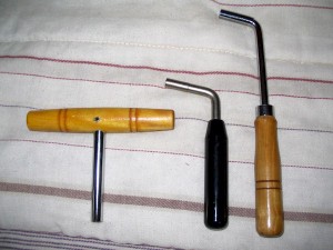 From left to right: T-Handle, L-Handle, and Gooseneck tuning wrenches